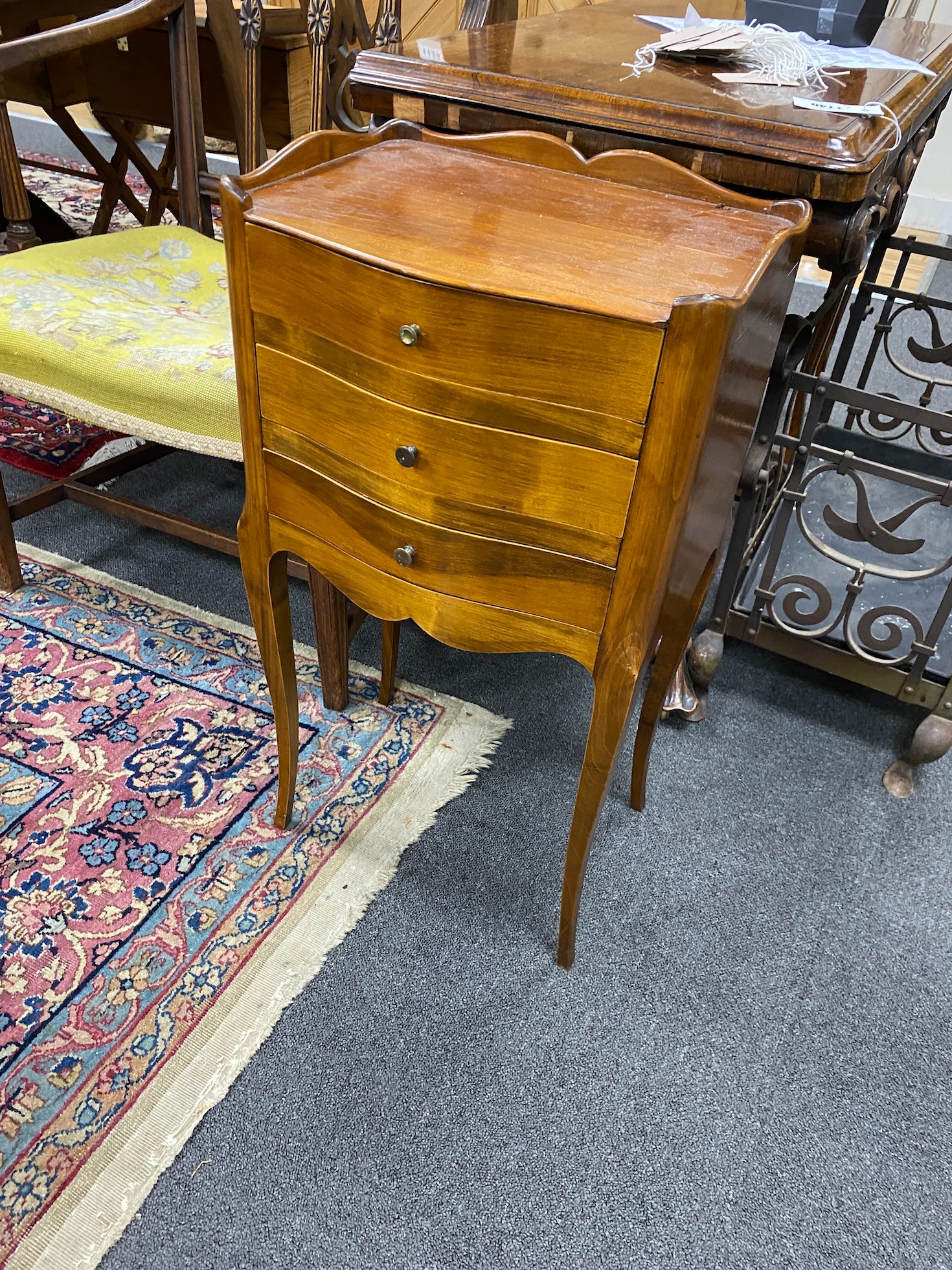 A pair of French cherry wood bedside tables, width 37cm, depth 26cm, height 70cm